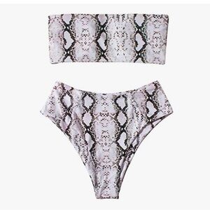OMKAGI Women's 2 Piece Snakeskin Bandeau Strapless High Waist bathing suit